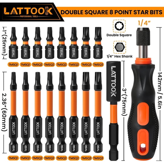UYGDUY-Double Square 8 Point Star Bit Set with Quick Change Bit Driver, 17PCS 8 Point Star Bits 2 Square Drive Bits, Magnetic S2 Steel, 2.3'' & 1'' Long, #1, #2, #3