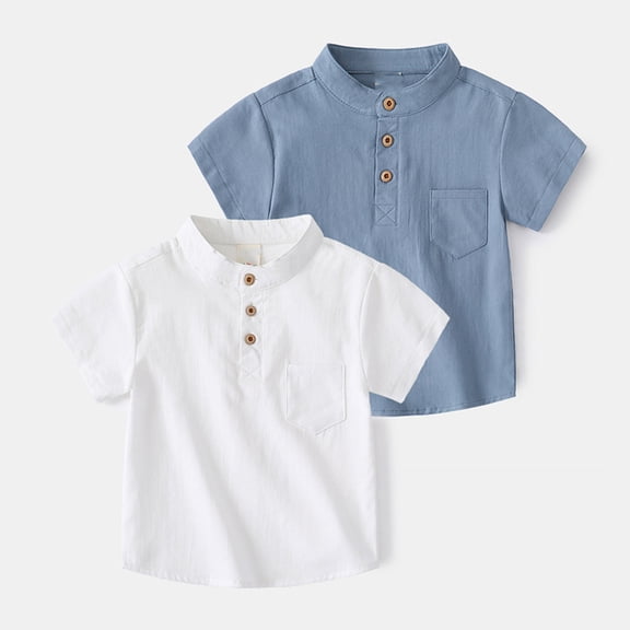 FLMEI Kids Baby Boys Button up Shirt Short Sleeve Lightweight Dress Shirts Toddler Summer Cotton Tees Tops Solid Color Shirt for Boys 1-7 Years