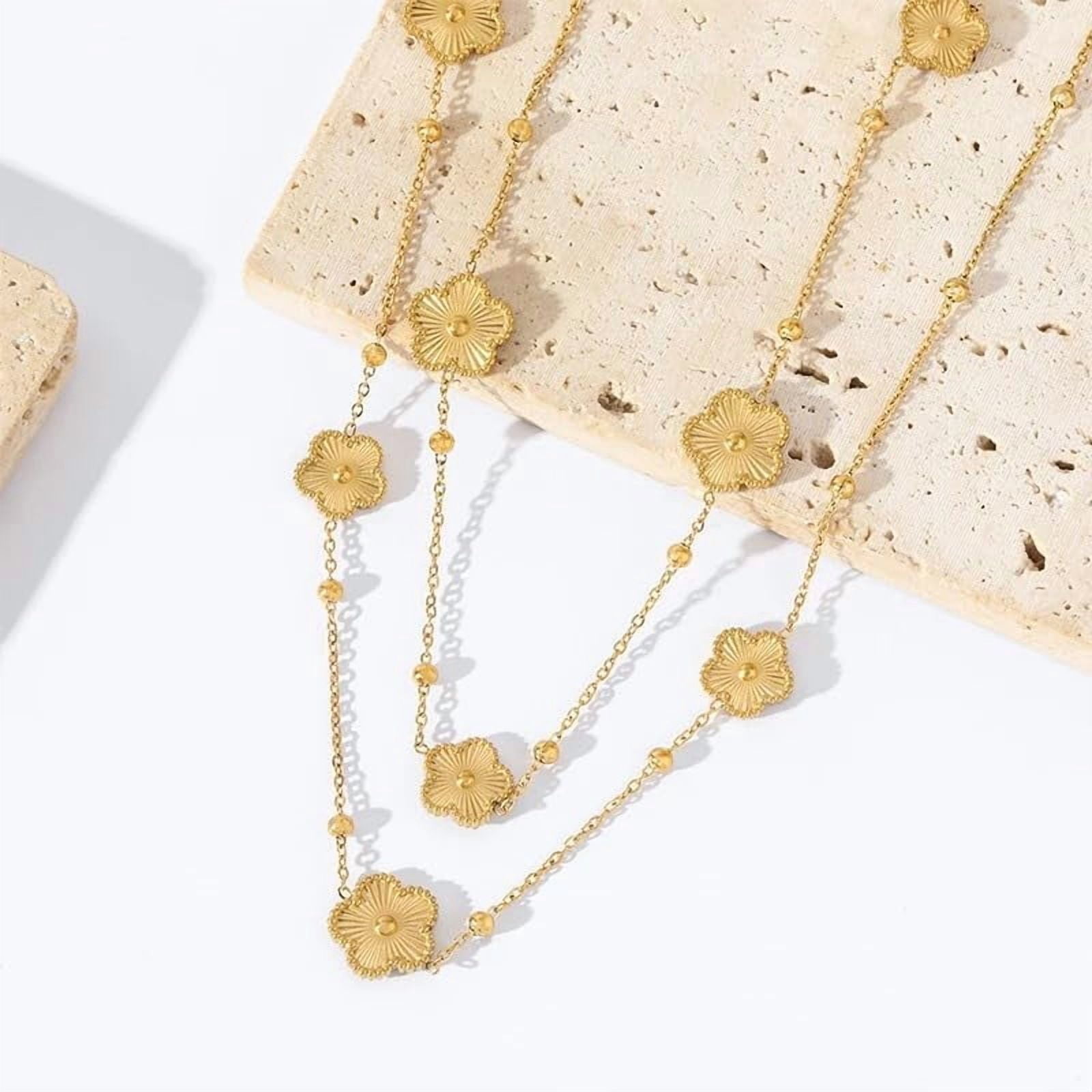 Clover Jewelry Set 18K Gold Plated Stainless Steel Necklace with Flower Design Four leaf clover for Women, Elegant Four Leaf Clover Necklace Floral Style Jewelry