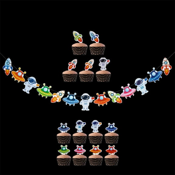 Raindrops Outer Space Astronaut Birthday Banner with 27 Pcs Paper Props for Decoration Assorted