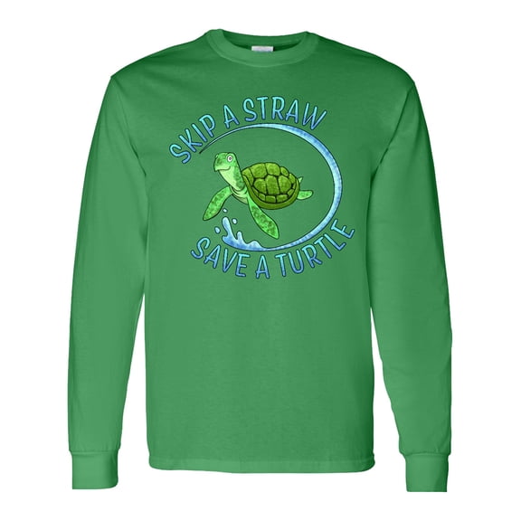Inktastic Skip a Straw Save a Turtle with Cute Green Sea Turtle Long Sleeve T-Shirt
