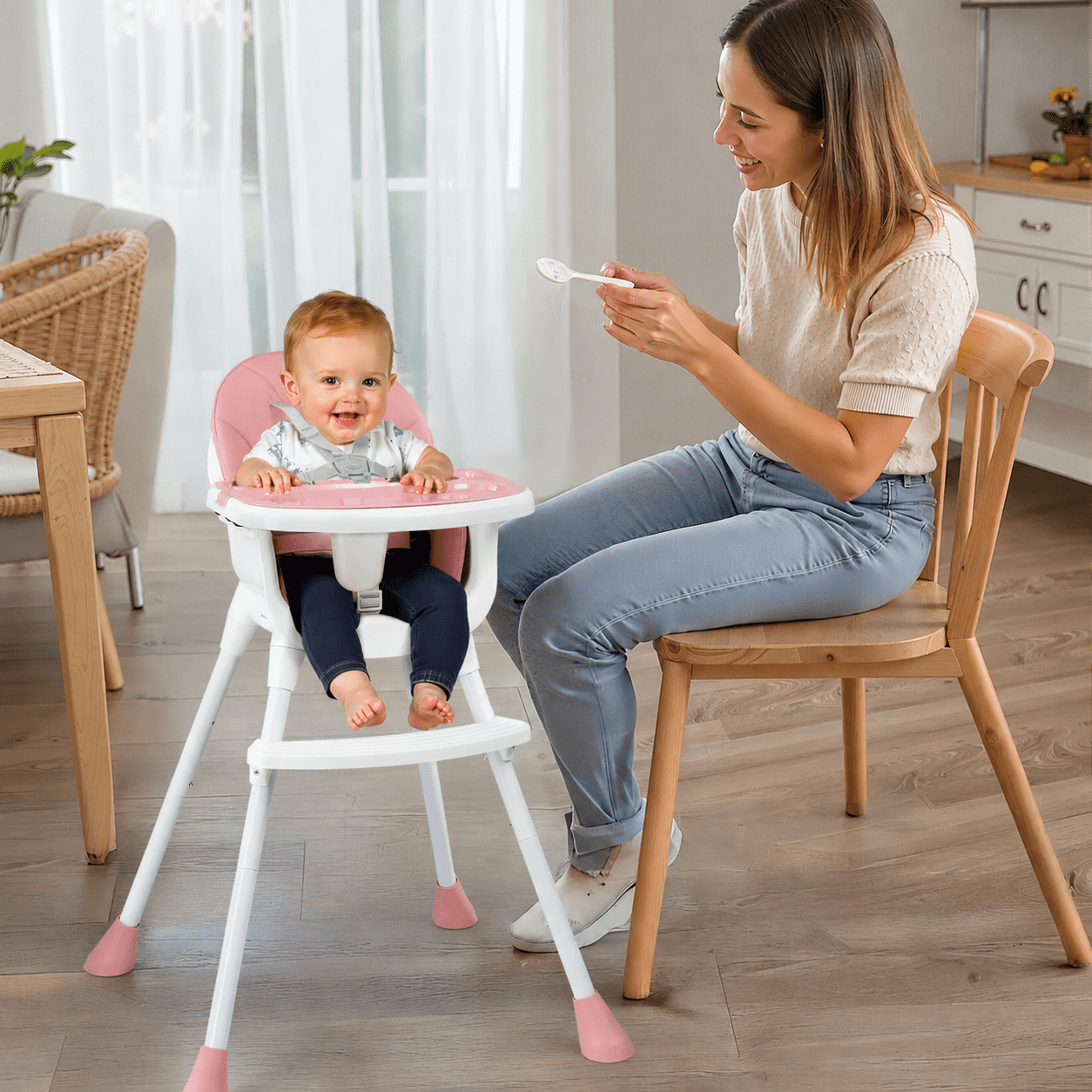 Ktaxon Baby High Chair, Convertible 3 in 1 High Chairs for Babies and Toddlers, Baby Highchair with 5-Point Safety Harness, Adjustable Height & Dining Tray, Pink