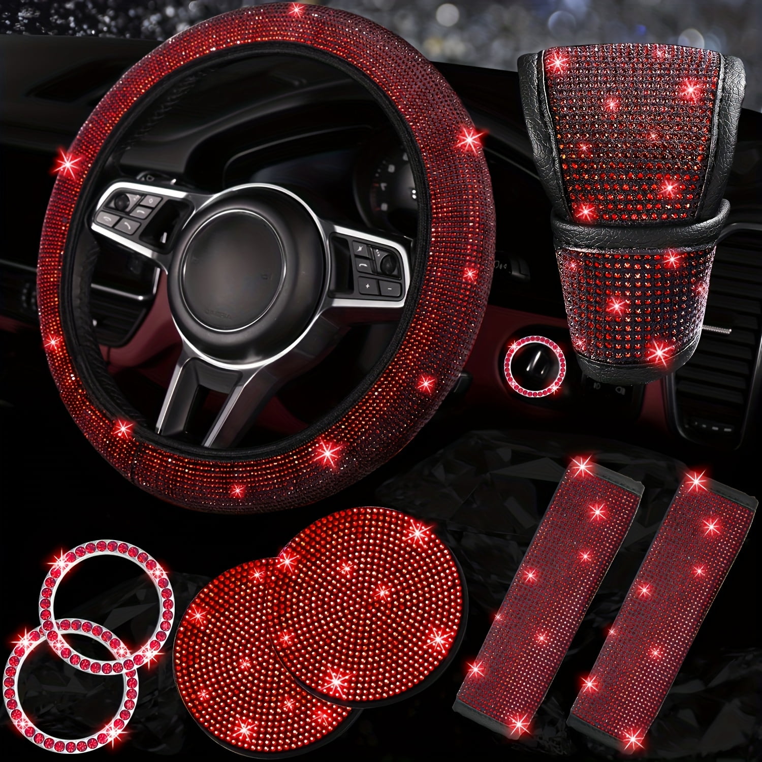 8pcs Bling Car Accessories for Women, Bling Steering Wheel Cover Bling Car Coasters Bling Set Seat Belt Shoulder Pads Ring Emblem Sticker Gear Shift Cover