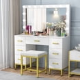 thumbnail image 2 of Aousthop 2 Piece LED Lights Makeup Desk, Mirror, and Cushioned Stool Table Set, White, 2 of 8