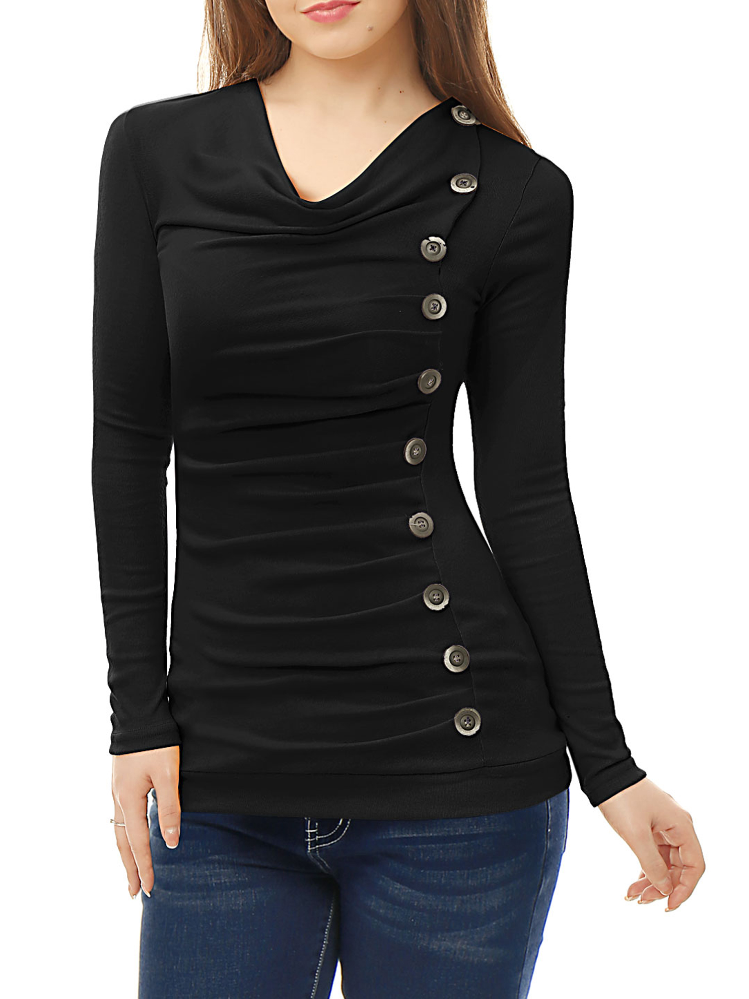 DARING DIVA Women's Cowl Neck Side Ruched Tunic Top L Black