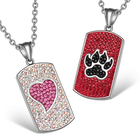 Heart and Wolf Paw Austrian Crystal Love Couples Best Friends Dog Tag White Pink Red Black