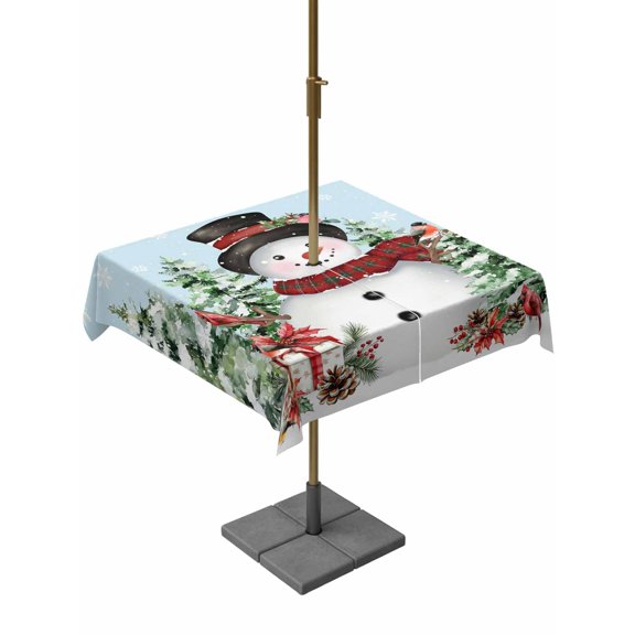 Outdoor Tablecloth with Umbrella Hole and Zipper, Blue Christmas Square Table Cloth 60x60 Inch Waterproof Tablecloth, Xmas Trees Snowman Snowflake Birds Watercolor Picnic Table Cover for Patio