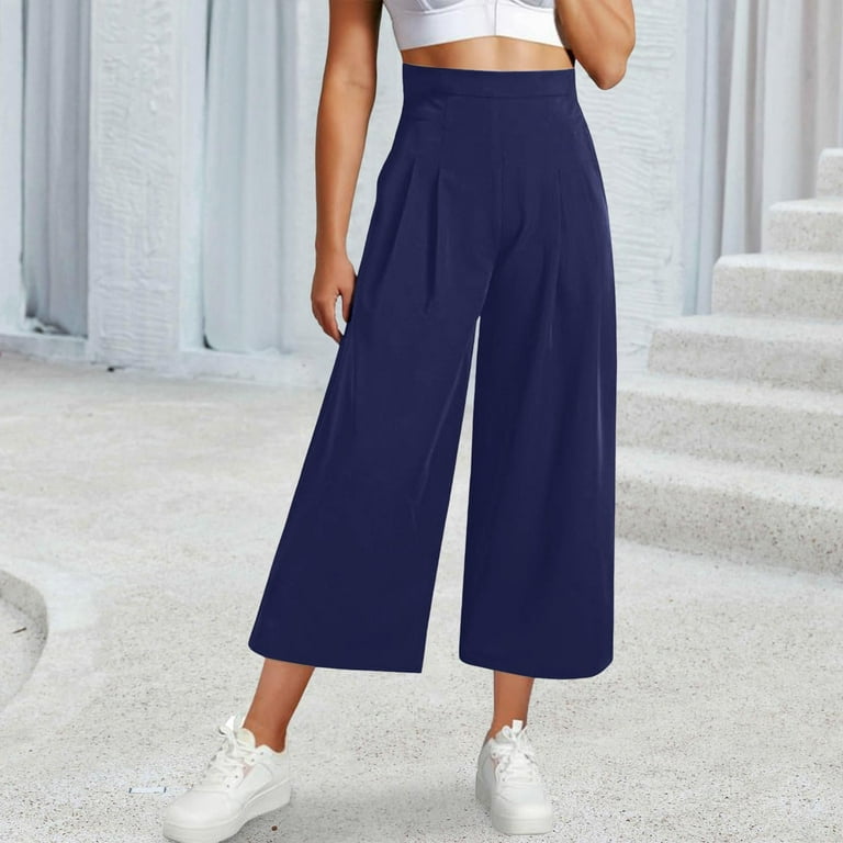 Women Trouser Pants Womens Wide Leg Cropped Suit Pants Work Business Summer Pleated Waisted Side Zipper Up Trousers With Pockets High Waisted Trousers Women Color Navy Size L Walmart