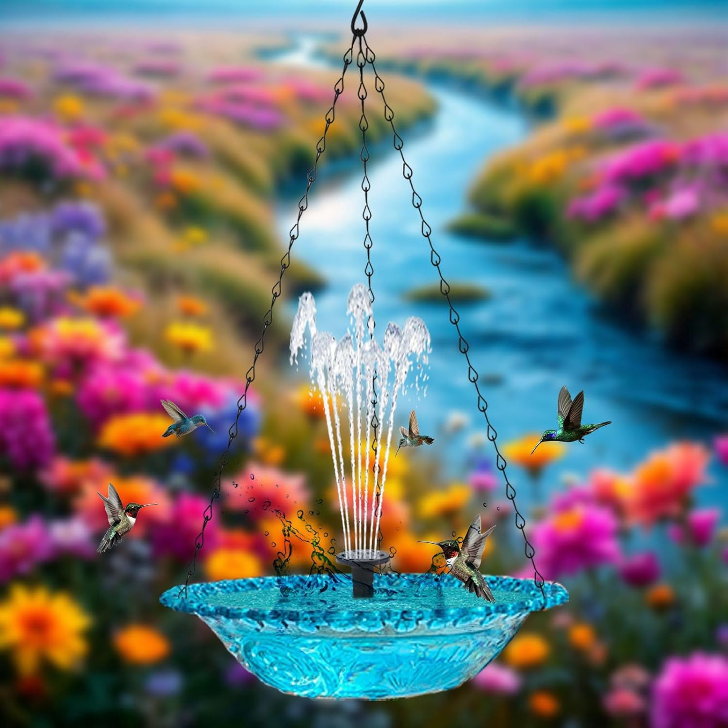 2026 New Solar Cascade Hanging Bird Bath Fountain, Outdoor Hanging Birdbath with Solar Fountain, Metal Solar Powered Birdbath with Water Pump for Outdoor Garden Decor (Pink)