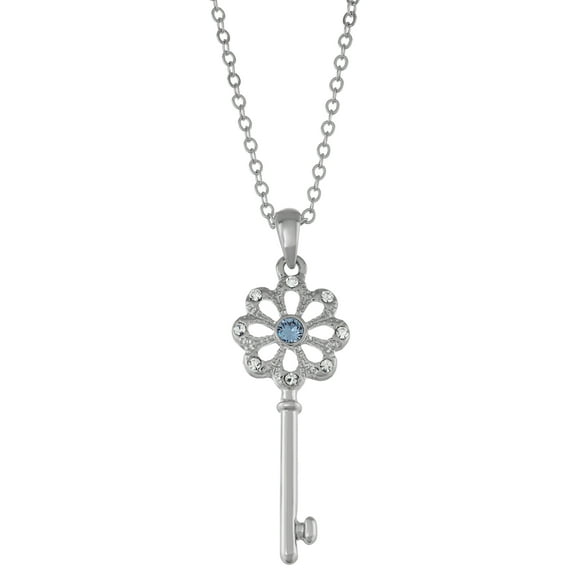 X & O Rhodium Plated Flower Shaped Key with Light Sapphire Swarovski Crystal and Clear Accent Crystal Pendant Necklace