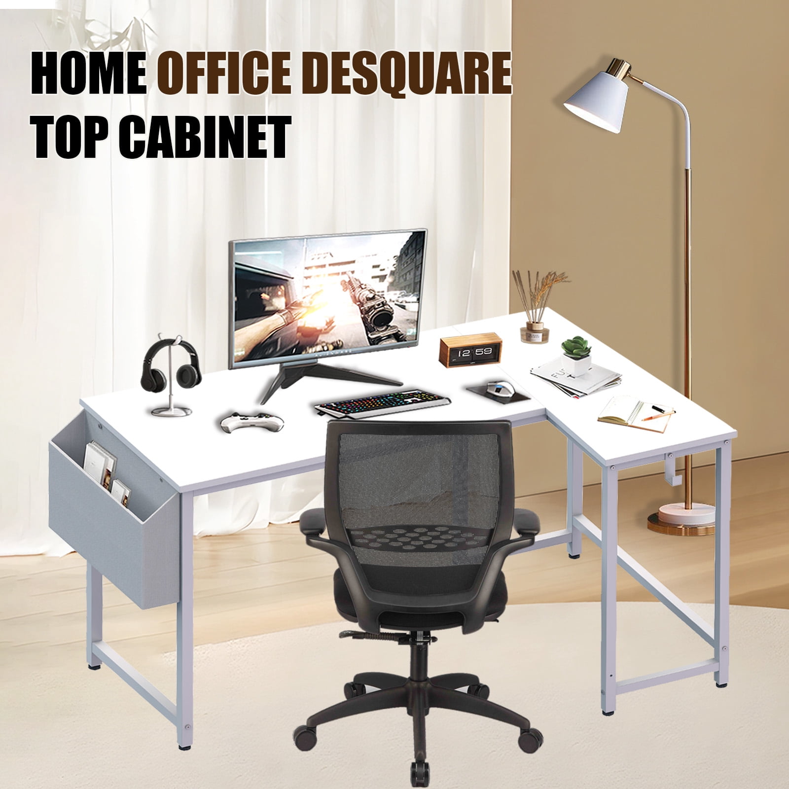 Koligey 47" L-Shaped Ergonomic adults Gaming Desk with Headphone Hook for Game Players, White