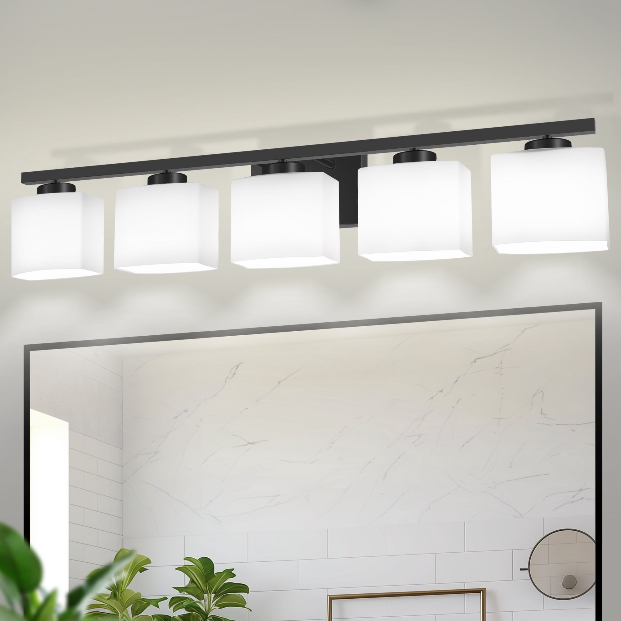 YANSUN 5-Light Bathroom Light Fixture with Milk Glass Shades , Modern Stylish Black Vanity Lighting Fixtures For Bathroom, E26 Bulb Base