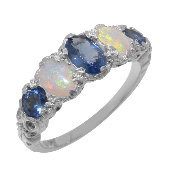 LBG British Made 925 Sterling Silver Natural Sapphire & Opal Womens Band Ring - 33 size options - Size 10