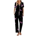 thumbnail image 2 of Cavosen Women's Pajama Sets Short Sleeve Tee 2 Piece Button down Soft Nightwear Collared Shirts Long Pants Sleepwear Tie Bow Print Loungewear with Pocket Casual Pjs Black S, 2 of 5