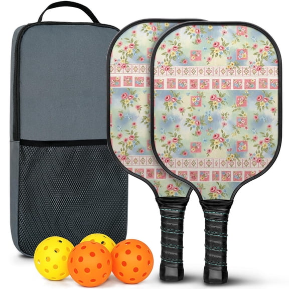 Pickleball Paddles Set,Pioneer Flower Floral Print Pattern Fiberglass Surface Pickleball Racket Set with 2 Indoor Outdoor Pickleball Balls and Pickleball Bag,Pickle-ball Equipment