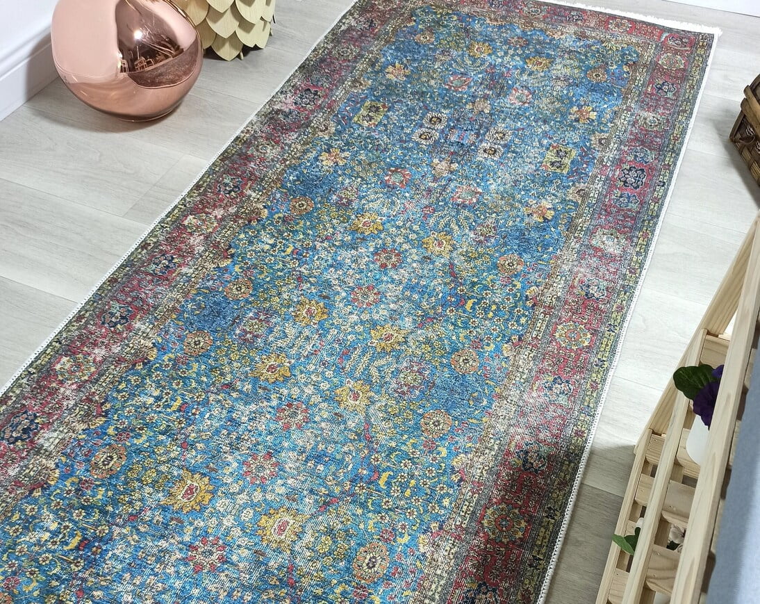 Blue Persian Runner Rug, Vintage Antique Distressed Floral 3x10 3x12