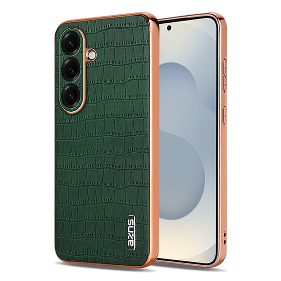 ELEHOLD Case for Samsung Galaxy S26, Electroplated Edge Crocodile Texture Leather Shockproof Case, Full Lens Protection,Green