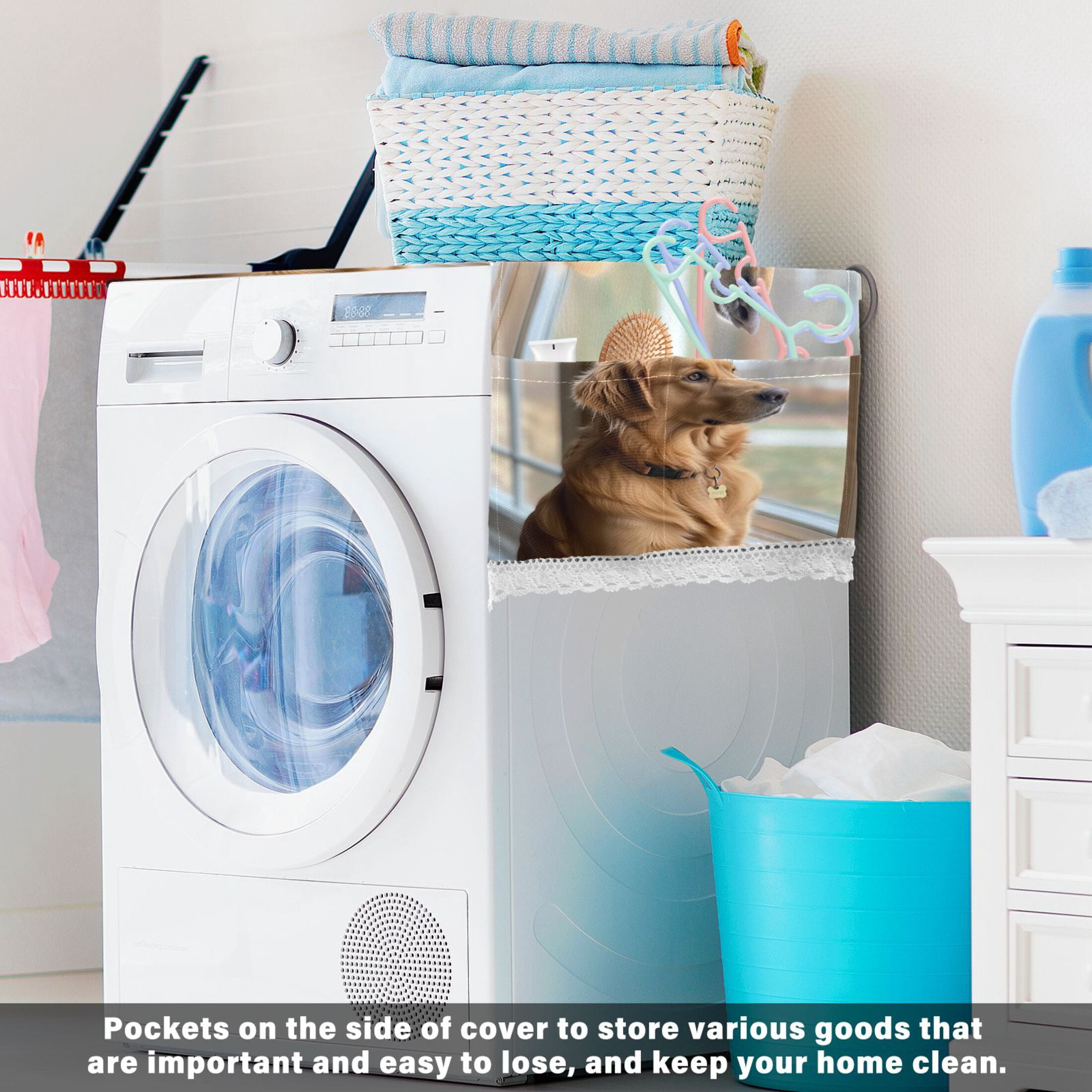 Golden RetrieverWasher and Dryer Covers Dust-Proof and Oil Resistant Fridge Cover with 4 Storage Pockets Washing Machine Top Cover for Laundry Kitchen Home 51.2 x 22 In