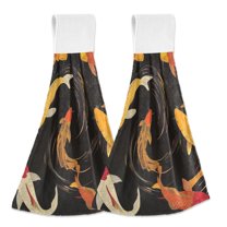 Yayeee Kitchen Hanging Hand Towels Set of 2 with Loop Bathroom Absorbent Tie Towel, Black Fish Pattern