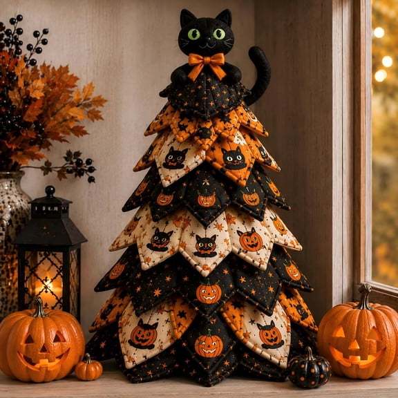 DIY Halloween Quilted Fabric Tree Kit 3D Patchwork Seasonal Décor Craft, Includes Materials & Instructions for Beginners, One Size