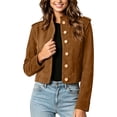 thumbnail image 4 of HomeDM Women's Faux Suede Jacket Button Down Stand Collar Cropped Coat Long Sleeve Outerwear, 4 of 7