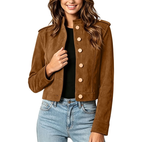 GUACER Suede Jackets for Women Trendy Vintage Button Down Stand Collar Structured Shoulders Casual Fall Outerwear