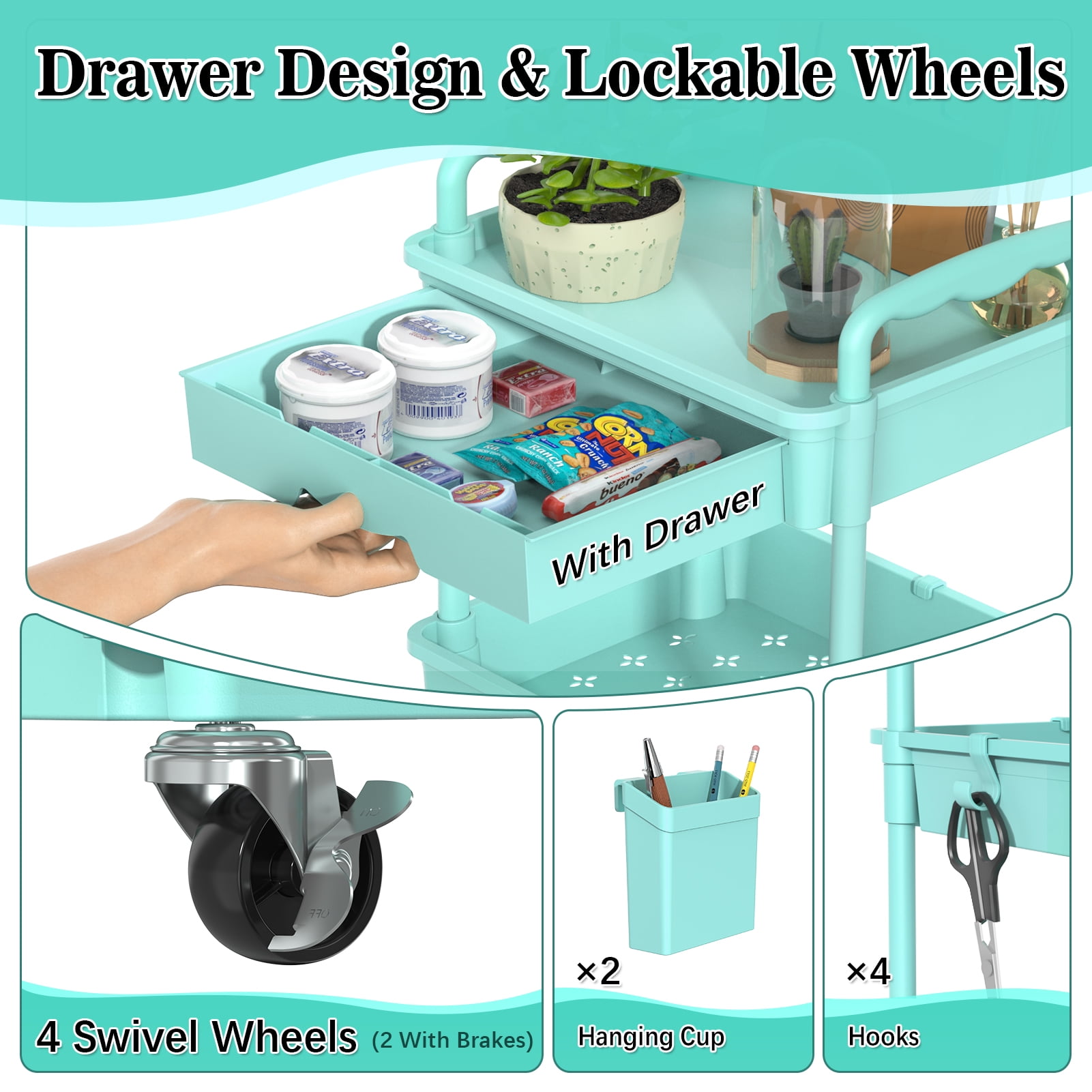 3 Tier Rolling Utility Cart with Removable Drawer, Bathroom Storage Organizer with 2 Lockable Wheels, Mobile Shelving Unit for Kitchen, Office, Snack, Craft, Makeup, Baby Essentials, Blue