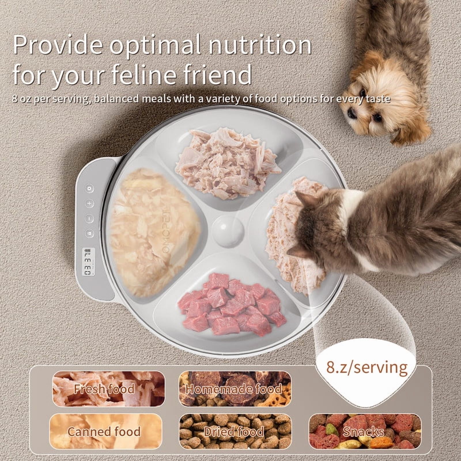 CATLK Automatic Cat Feeder Wet Food, Refrigerated Auto Cat Feeder with 2 Ice Packs, 4 Meals 8oz Dry & Wet Food, 12/24H Timer for Cats and Small Dogs, White