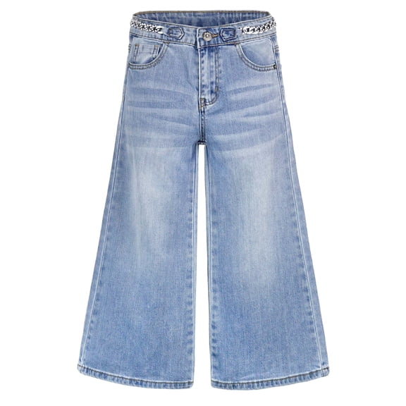 KIDSCOOL SPACE Girls Slim Fit Jeans,6T-14T Flash Chain Wide Leg Denim Pants Wide Leg Denim Pants,Light Blue,7-8 Years