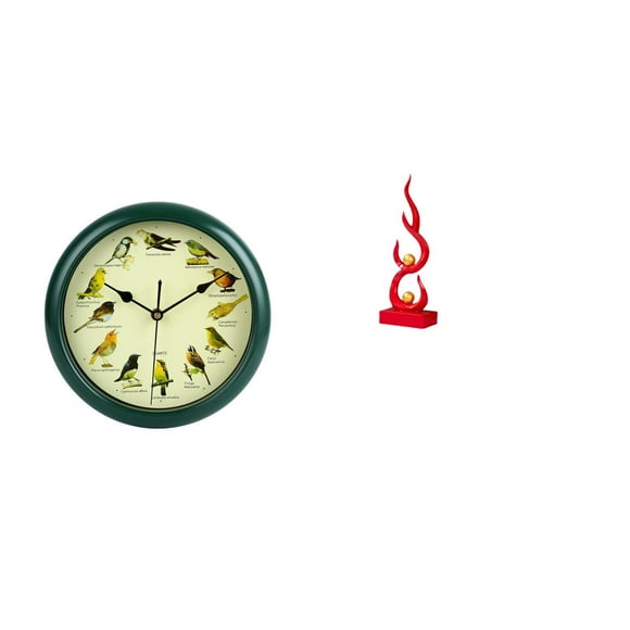 Siruishop Musical Birds Wall Hanging Sound Clock with Abstract Fire Statue Resin Flame Figurine Decorative Green Frame Clock for Bedroom Housewarming Gift Modern Fire Sculpture Craft for Patio
