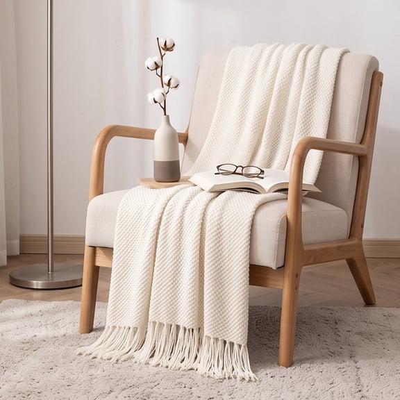 Knitted Throw Blanket with Tassels - Textured Soft Sofa Couch Cover - Farmhouse Living Room Decor(Beige)