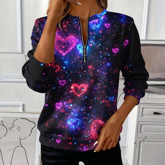 Mifsaly Valentine Sweatshirts for Women Hearts Print Half Zip Sweatshirt Oversized Long Sleeve Pullover Tops Casual Office Party Holiday Spring Outfits 2026