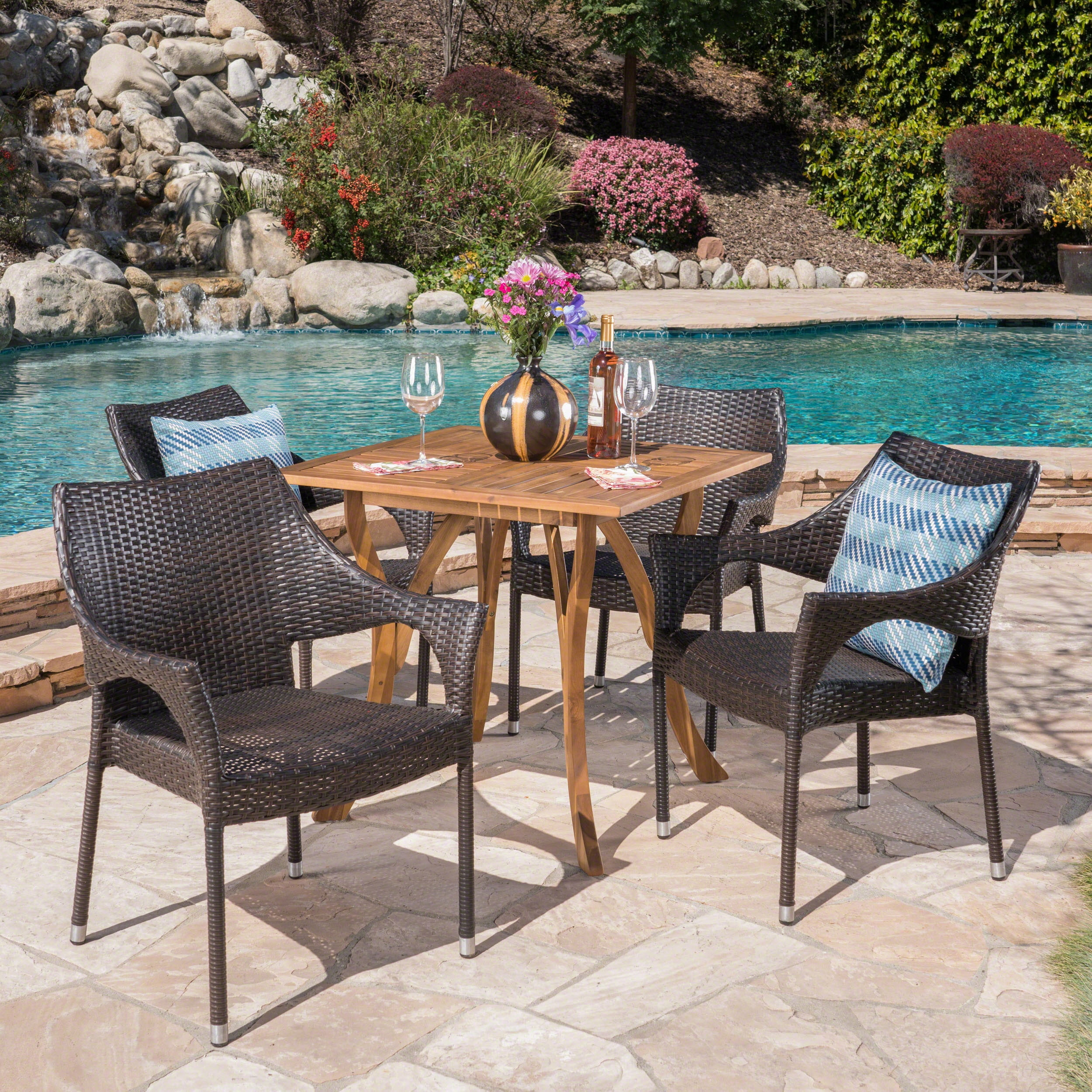Outdoor 5 Piece Acacia Wood/ Wicker Dining Set, Teak,Multibrown