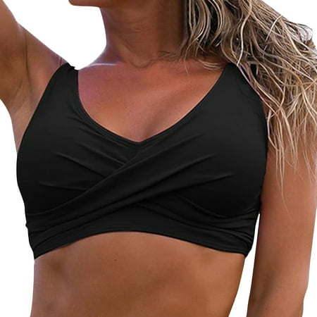 Hessimy Women S Front Bikini Top V Neck Push Up Padded Swimsuit Top Swimsuit Beachwear Bikinis(Black S)