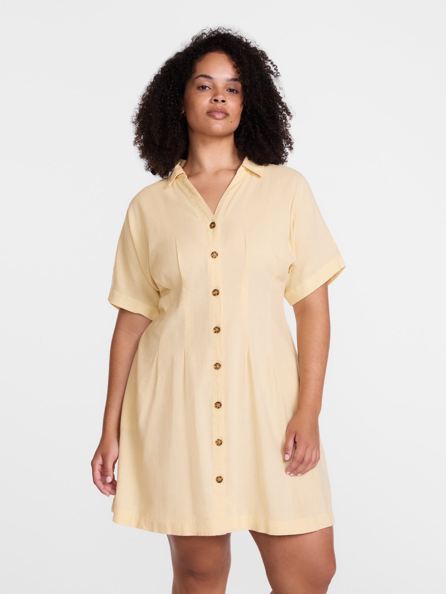 Time and Tru Women's Linen Blend Pleated Mini Shirtdress with Short Sleeves, Sizes XS-XXXL