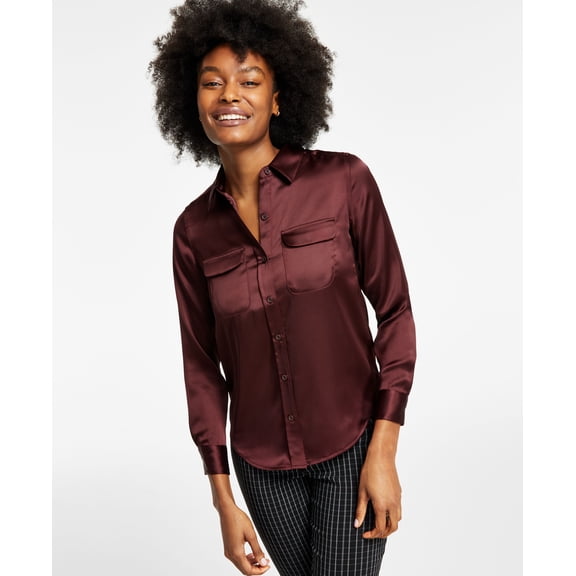 Alfani Womens Satin Collared Utility Blouse Rich Malbec 2XL
