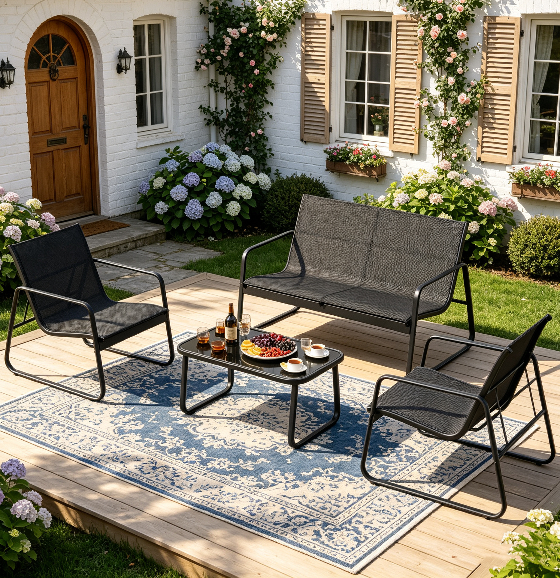 4 Piece Patio Furniture Set, Lofka Outdoor Patio Furniture with Loveseat, 2 Single Chairs and Glass Coffee Table, for Backyard, Balcony, Lawn,Black