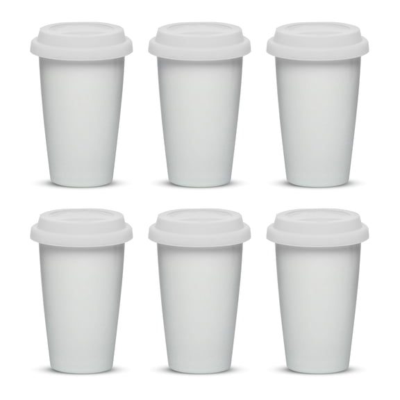11 oz. Double Wall Ceramic Tumblers with Lid - 6 Pack - White