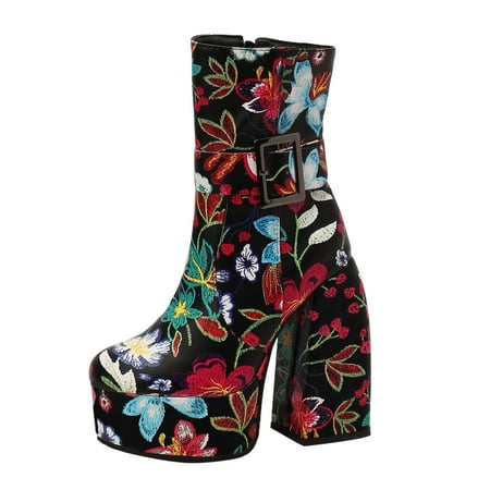 

PMUYBHF Square Toe Cowboy Boots for Women Flower Colored Belt Buckle Ultra High Heel Women Platform Ankle Boots Wetkiss Platform Boots for Women Snap Fall Boots for Women