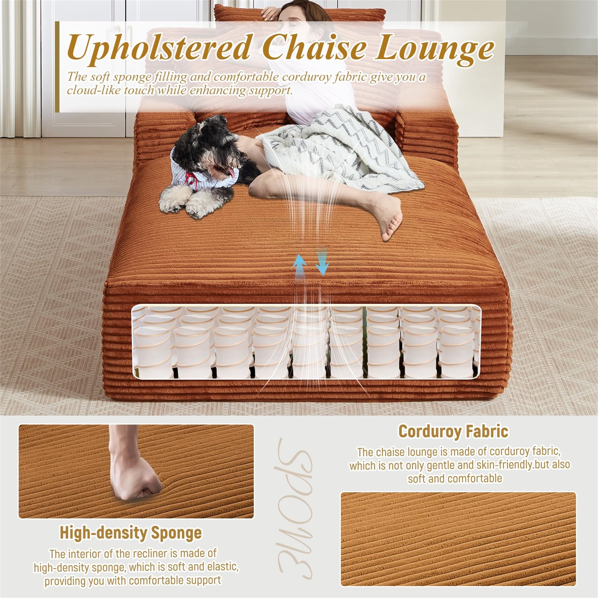 Aukfa 79" Extra Long Chaise Lounge Oversized Indoor Chair Boneless Couch for Living Room, 3Pillows, Orange