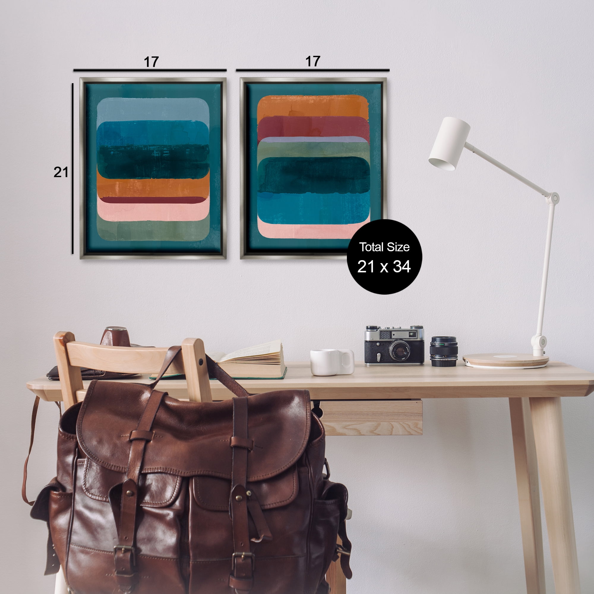 Stupell Industries Abstract Teal Stacked Colors Abstract Painting Gray Floater Framed Canvas Art Print Wall Art, 17 x 21, Set of 2