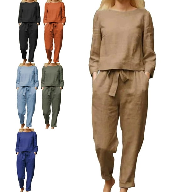 Conjunto de pantalones largos para mujer, pantalones largos para mujer Conjunto de pantalones superiores de manga larga de color puro Conjunto de dos piezas de manga larga Compacto y liviano