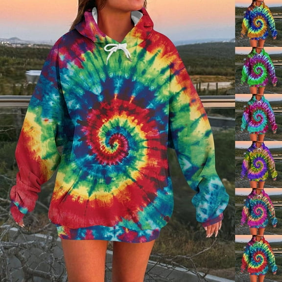 huaimei Women'S Tie-Dye Printed Hooded Sweatshirt Winter Hoodies Long-Sleeved Pocket Tops