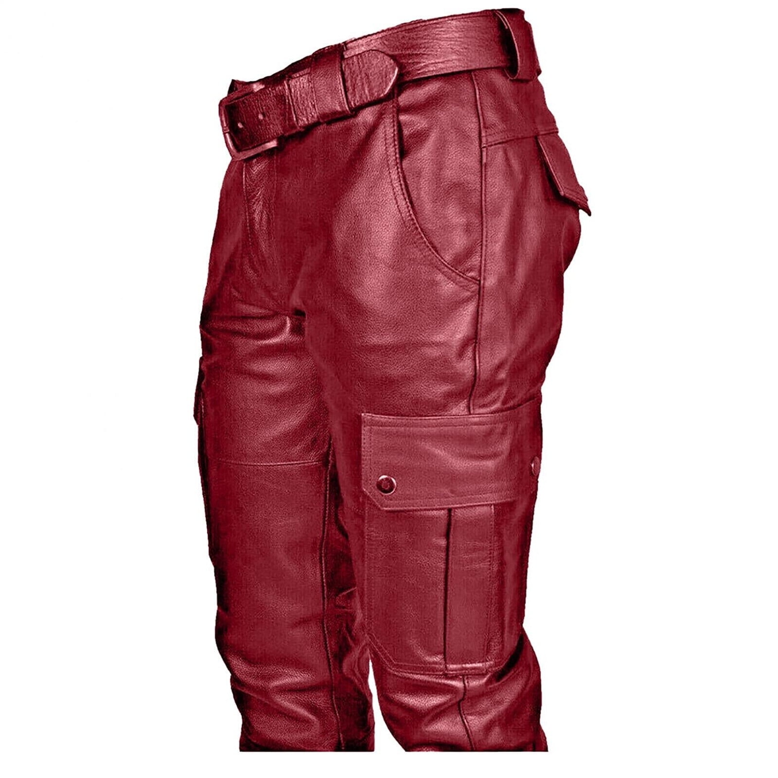 Hfyihgf Men's Stretch Faux Leather Biker Pants Slim Fit Fashion Autumn Winter Punk Retro Goth Hip Hop Trousers(Red,4XL)