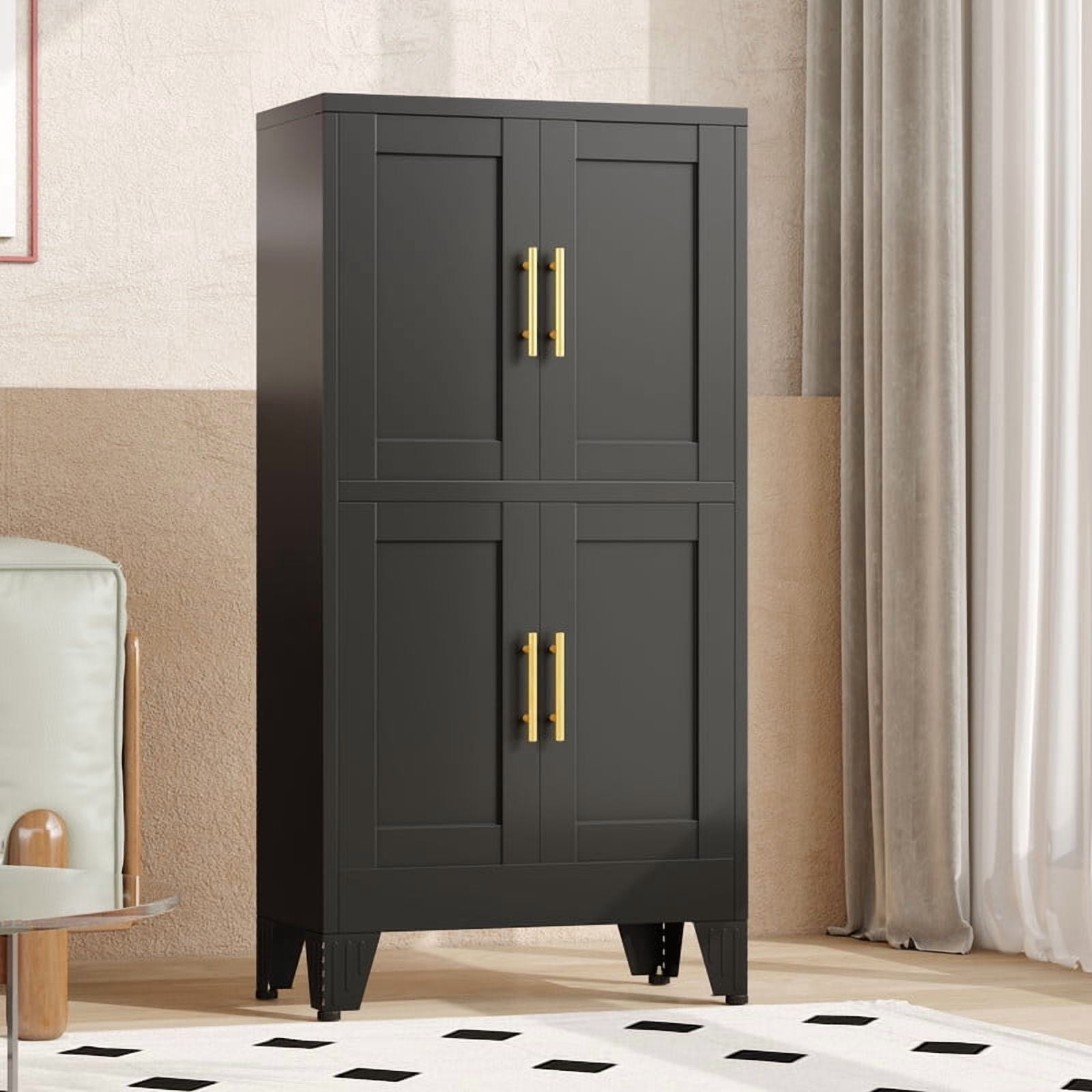EROSOEI Sturdy Metal Pantry Storage Cabinet with Doors and Shelves Black White