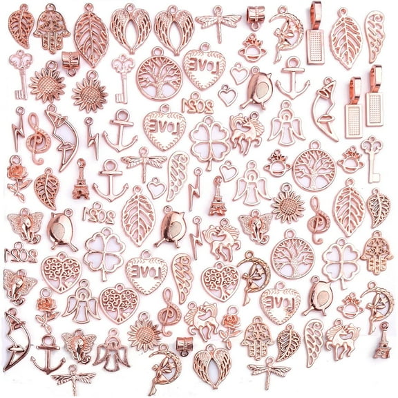 100pcs Rose Gold Mixed Charms Pendants Tibetan Alloy Vintage Charms Wholesale Bulk Crafts Supplies for DIY Necklace Bracelet Earring Handmade Jewelry Making Accessories