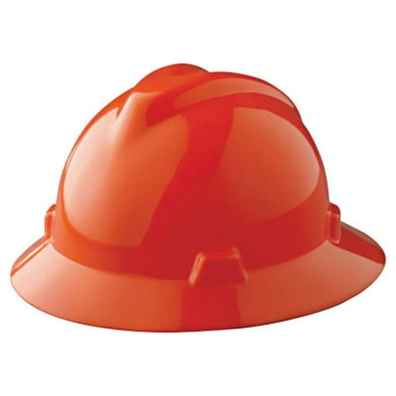 MSA 454734 V-Gard Full-Brim Hard Hat With Staz-on Pinlock Suspension | Polyethylene Shell, Superior Impact Protection, Self Adjusting Crown Straps - Standard Size in Orange