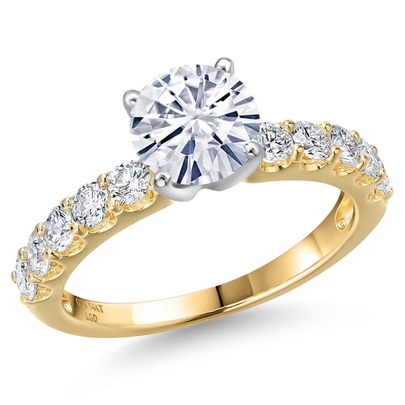 Gem Stone King 14K Two Tone Gold White Moissanite and Lab Grown Diamond Engagement Ring for Women | 1.65 Cttw | Round 6.5MM | Gemstone Birthstone | Size 6