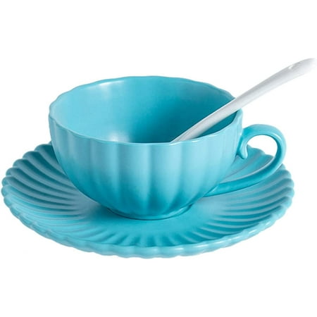 

DanceeMangoo Matte Porcelain Cup & Saucer Set with Spoon Pumpkin Striped Ceramic Tea Cup Coffee Mug 6oz