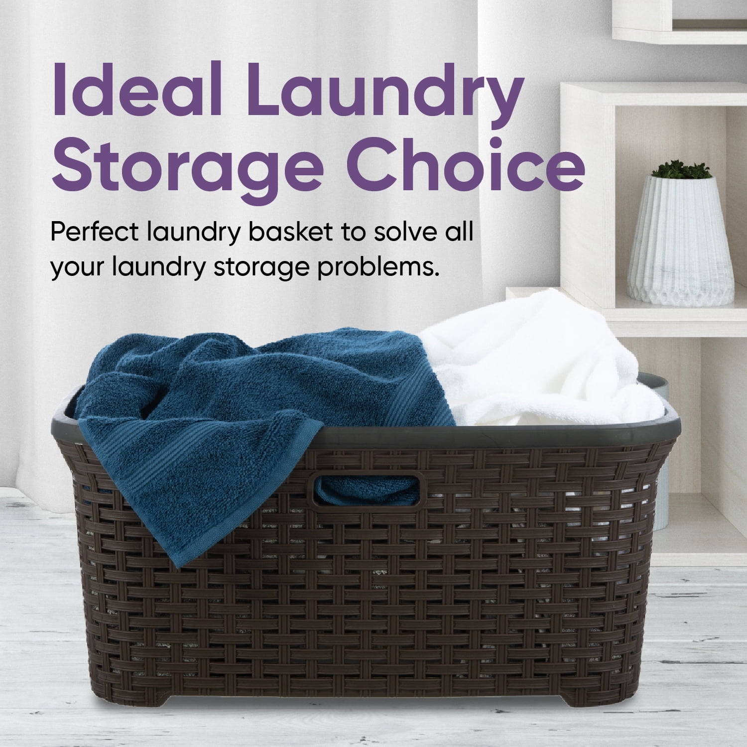 Superio  Large Wicker Laundry Basket with Cutout Carry Handles - Capacity: 50l Brown